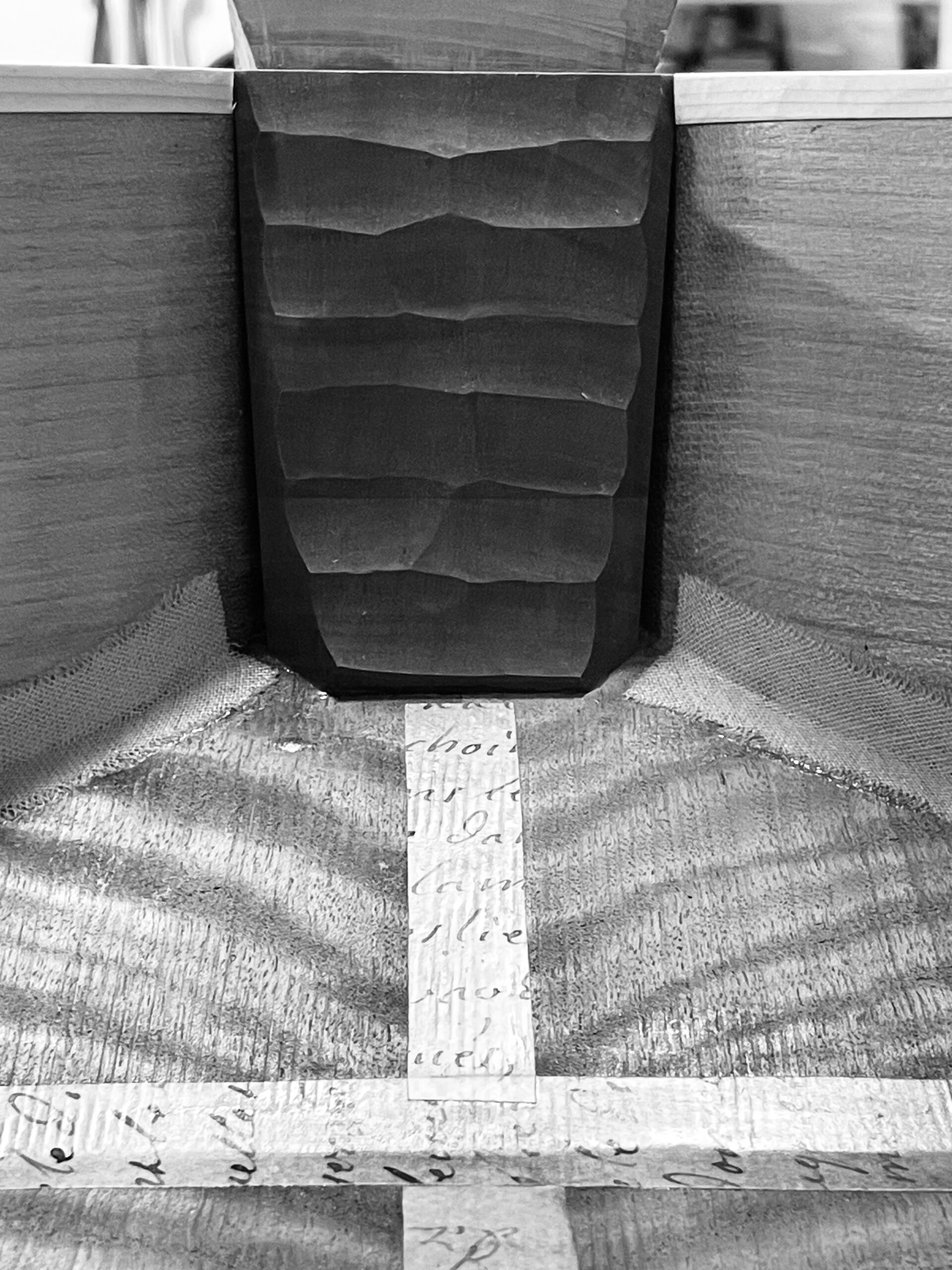 Michel Colichon, Collichon, Bass viol, French viol, Through-neck, one-piece neck, gouges, inside of a bass viol, top block, parchment, linen, walnut, cherry, pear wood.