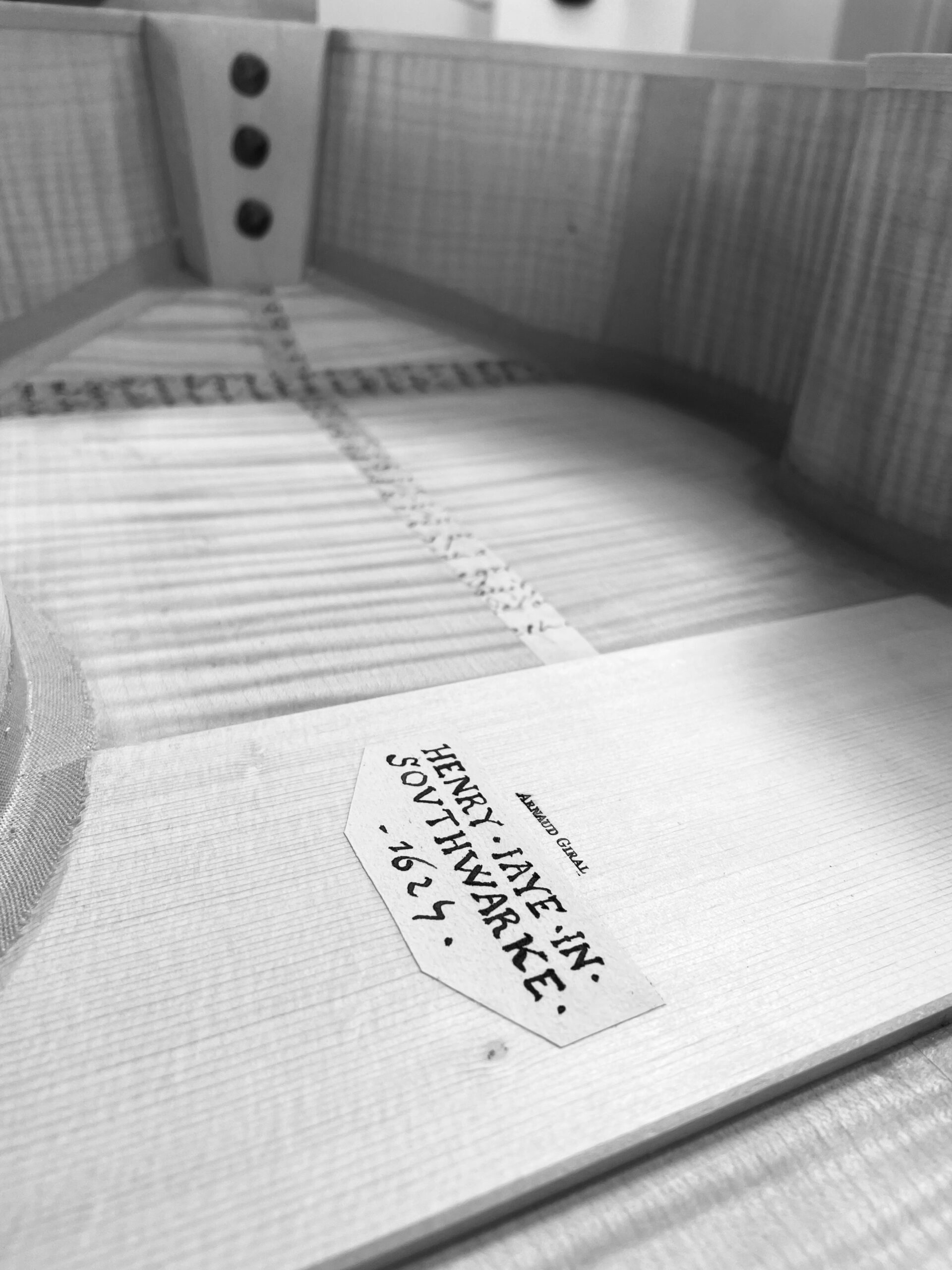 Purfling, Henry Jaye, London, Southwark, Bass viol back, English viol, consort, viol consort, Nails, Forged nails, Consort bass, Bass viol, soundpost plate, original label